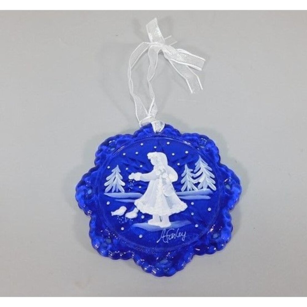7/1282 Vintage Fenton Cobalt Blue Glass Snowflake 100th Anniversary Hand Painted